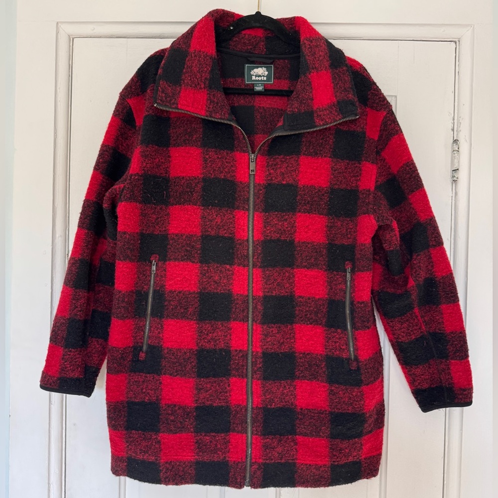 Roots Wool Blend Full Zip Red & Black‎ Buffalo Plaid Jacket Size Large